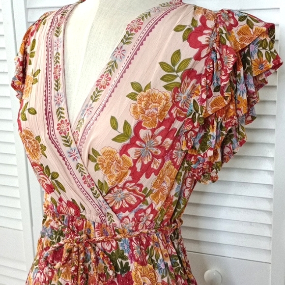 Wildflower Spring Colorful Floral Print Flutter Sleeve Dress Tie Belt Tassels - Picture 4 of 8
